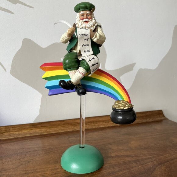 Holiday Irish Santa Claus Figurine On Stand Sitting On Rainbow Gold